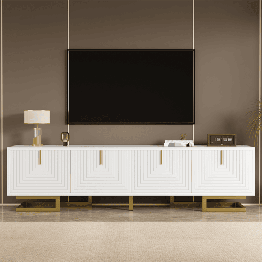 Móvel de TV Lowboard 160 cm - portas estruturadas, puxadores e pés dourados - Branco