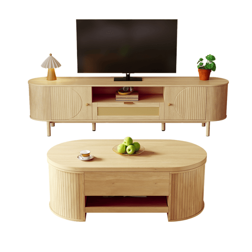 Conjunto de móveis para sala - mesa de centro com altura ajustável e móvel para TV - design moderno - cor natural Conjunto de móveis para sala - mesa de centro com altura ajustável e móvel para TV - design moderno - cor natural