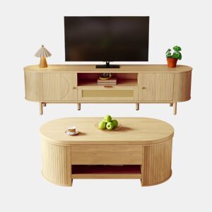 Conjunto de móveis para sala - mesa de centro com altura ajustável e móvel para TV - design moderno - cor natural