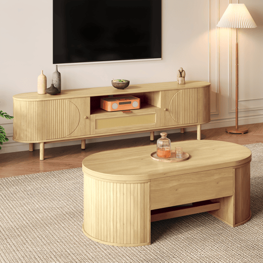 Conjunto de móveis para sala - mesa de centro com altura ajustável e móvel para TV - design moderno - cor natural Conjunto de móveis para sala - mesa de centro com altura ajustável e móvel para TV - design moderno - cor natural