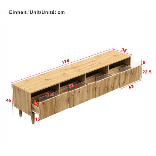 Móvel de TV 178 cm - Design minimalista, grande capacidade, 4 gavetas - Madeira
