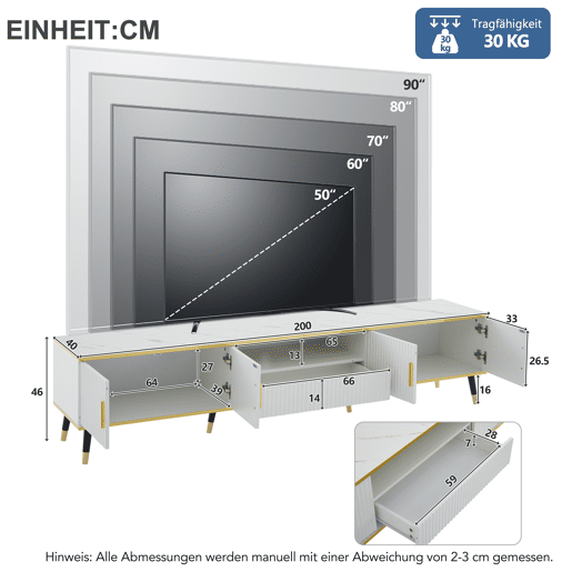Móvel para TV 200x40x46 cm - Madeira, 2 portas, 1 gaveta, para TVs até 90 - Branco Móvel para TV 200x40x46 cm - Madeira, 2 portas, 1 gaveta, para TVs até 90 - Branco
