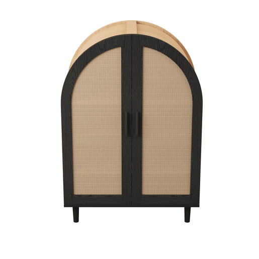 Aparador sapateira com 3 prateleiras - portas em rattan, design arredondado - Natural+Preto