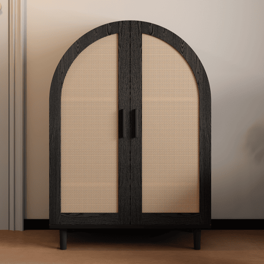 Aparador sapateira com 3 prateleiras - portas em rattan, design arredondado - Natural+Preto