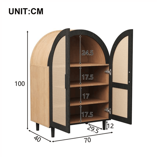 Aparador sapateira com 3 prateleiras - portas em rattan, design arredondado - Natural+Preto