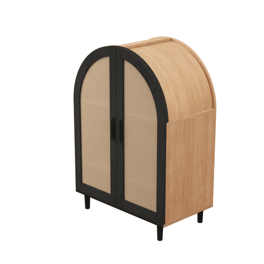 Aparador sapateira com 3 prateleiras - portas em rattan, design arredondado - Natural+Preto