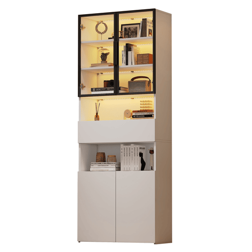 Vitrine 70x30x200 cm - Vitrine com LED, gavetas e prateleiras abertas - Branco Vitrine 70x30x200 cm - Vitrine com LED, gavetas e prateleiras abertas - Branco
