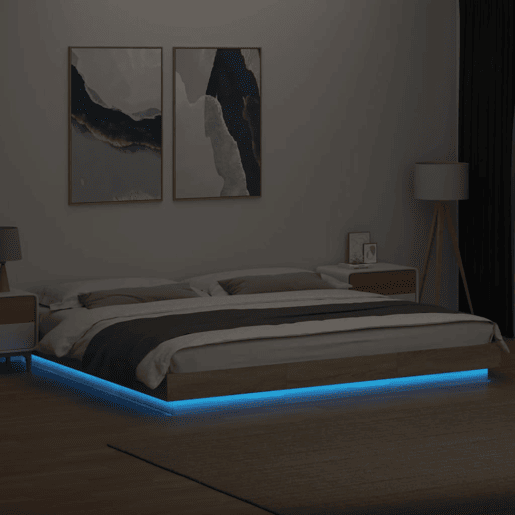 Estrutura de Cama de casal moderno c luzes LED derivados madeira carvalho sonoma