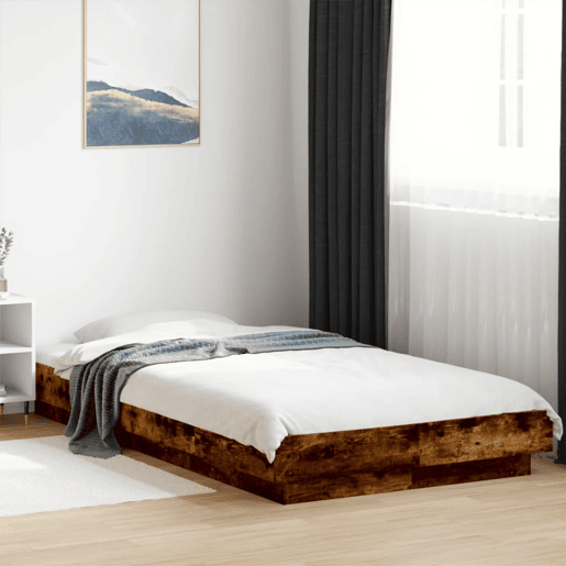 Estrutura de cama de solteiro para adultos c luzes LED derivados madeira carvalho fumado