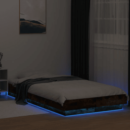 Estrutura de cama de solteiro para adultos c luzes LED derivados madeira carvalho fumado