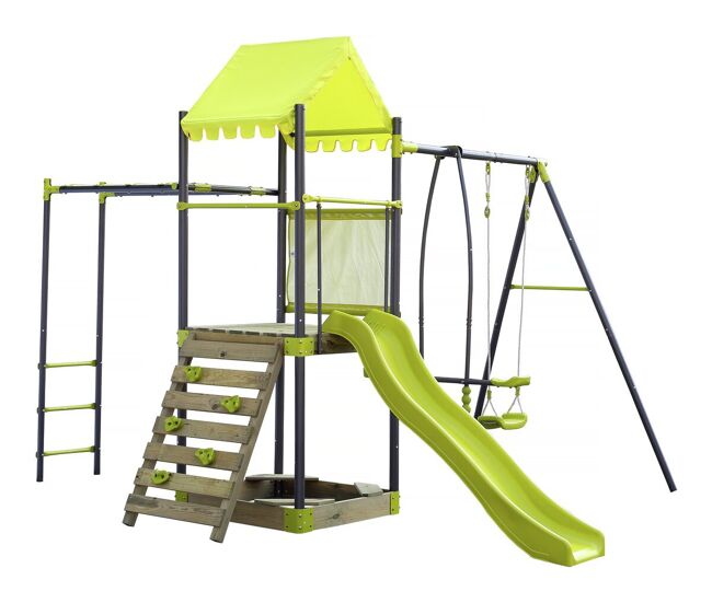 Parque infantil metálico con tobogán y arenero <> - verde