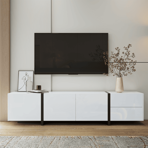 Móvel de TV - alto brilho com portas e gavetas, pés pretos - branco