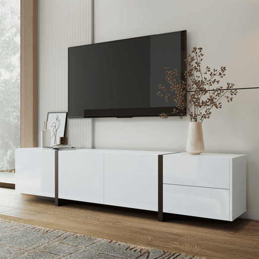 Móvel de TV - alto brilho com portas e gavetas, pés pretos - branco