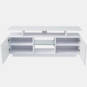 Móvel de TV 140 cm - 16 cores LED, portas brilhantes com compartimentos de vidro - Branco