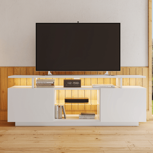 Móvel de TV 140 cm - 16 cores LED, portas brilhantes com compartimentos de vidro - Branco Móvel de TV 140 cm - 16 cores LED, portas brilhantes com compartimentos de vidro - Branco