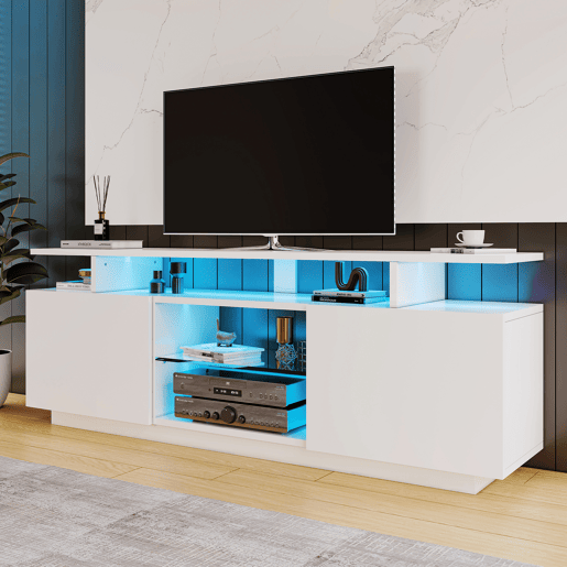 Móvel de TV 140 cm - 16 cores LED, portas brilhantes com compartimentos de vidro - Branco Móvel de TV 140 cm - 16 cores LED, portas brilhantes com compartimentos de vidro - Branco