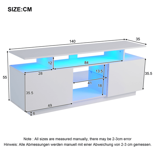 Móvel de TV 140 cm - 16 cores LED, portas brilhantes com compartimentos de vidro - Branco Móvel de TV 140 cm - 16 cores LED, portas brilhantes com compartimentos de vidro - Branco