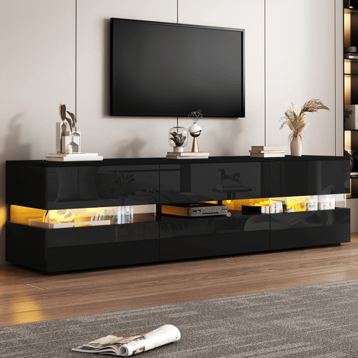 Móvel de TV moderno 160x39x45 cm - com LED, 2 portas, 1 gaveta, acrílico, para TV de 70 - Preto Móvel de TV moderno 160x39x45 cm - com LED, 2 portas, 1 gaveta, acrílico, para TV de 70 - Preto