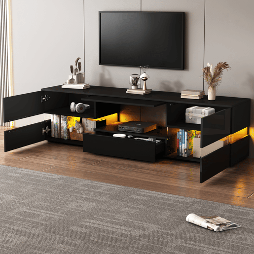 Móvel de TV moderno 160x39x45 cm - com LED, 2 portas, 1 gaveta, acrílico, para TV de 70 - Preto Móvel de TV moderno 160x39x45 cm - com LED, 2 portas, 1 gaveta, acrílico, para TV de 70 - Preto