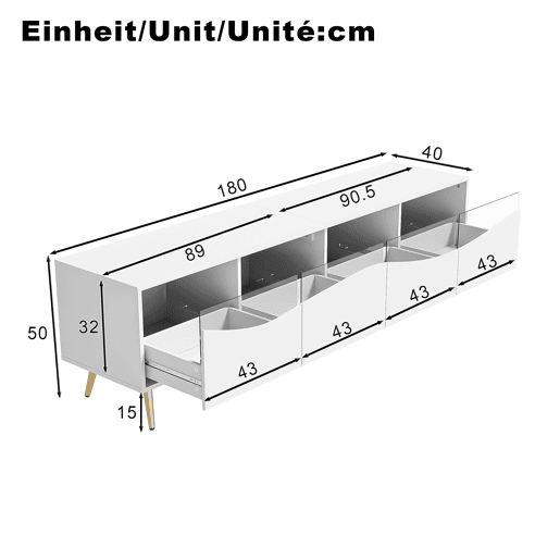 Móvel de TV 180x40x50 cm - com iluminação LED, frente em vidro, pés metálicos dourados - Branco