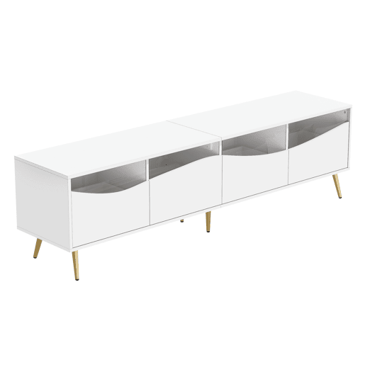 Móvel de TV 180x40x50 cm - com iluminação LED, frente em vidro, pés metálicos dourados - Branco