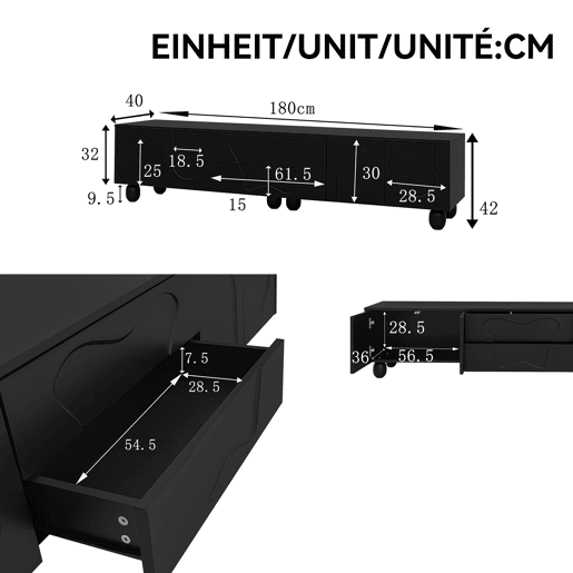Móvel de TV 180 cm - Minimalista, elegante com pés de madeira - Preto