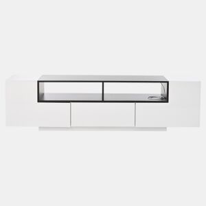 Móvel de TV 180x40x48 cm - Lowboard com luz LED, formato em L, com gavetas - Branco e preto