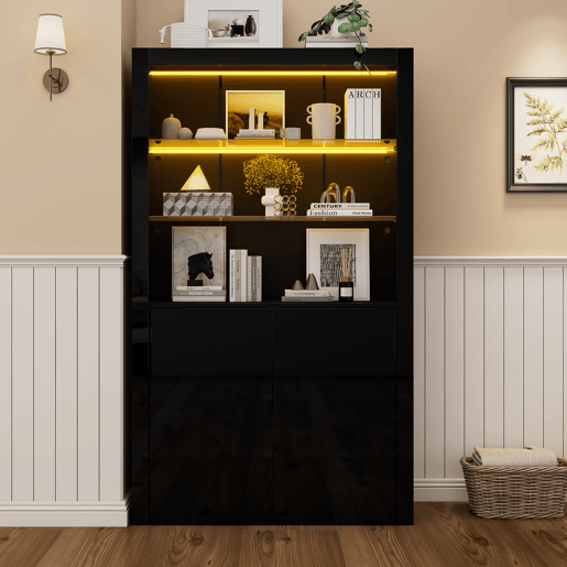 Vitrine 100x35x170 cm - Highboard com LED, 2 portas e prateleiras de vidro - Preto