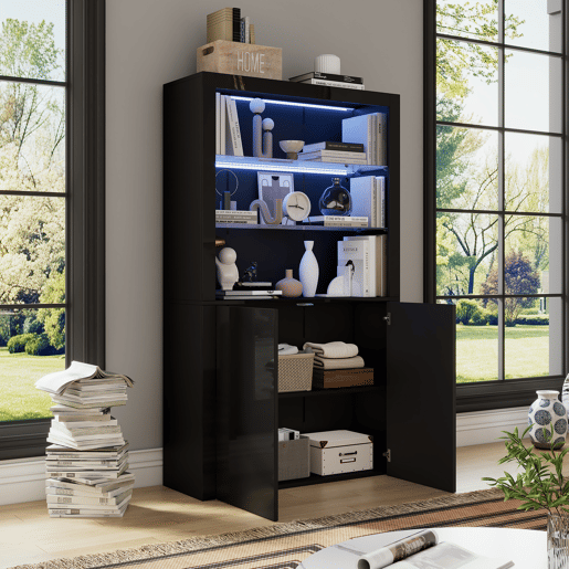 Vitrine 100x35x170 cm - Highboard com LED, 2 portas e prateleiras de vidro - Preto