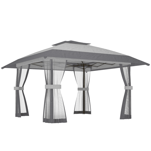 Outsunny Tenda Dobrável 4x4 m, Pop-up, com Duplo Teto, 4 Paredes Laterais de Rede, Pavilhão de Jardim com Altura Ajustável em 3 Níveis, Bolsa de Transporte, UPF30+, Tenda para Campismo, Festas, Cinzento