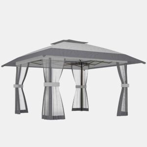 Outsunny Tenda Dobrável 4x4 m, Pop-up, com Duplo Teto, 4 Paredes Laterais de Rede, Pavilhão de Jardim com Altura Ajustável em 3 Níveis, Bolsa de Transporte, UPF30+, Tenda para Campismo, Festas, Cinzento