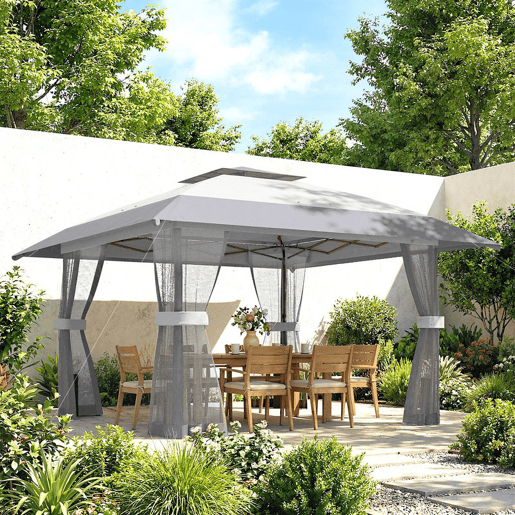 Outsunny Tenda Dobrável 4x4 m, Pop-up, com Duplo Teto, 4 Paredes Laterais de Rede, Pavilhão de Jardim com Altura Ajustável em 3 Níveis, Bolsa de Transporte, UPF30+, Tenda para Campismo, Festas, Cinzento