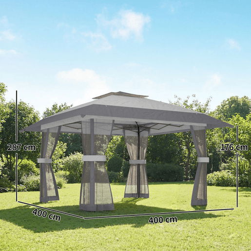 Outsunny Tenda Dobrável 4x4 m, Pop-up, com Duplo Teto, 4 Paredes Laterais de Rede, Pavilhão de Jardim com Altura Ajustável em 3 Níveis, Bolsa de Transporte, UPF30+, Tenda para Campismo, Festas, Cinzento