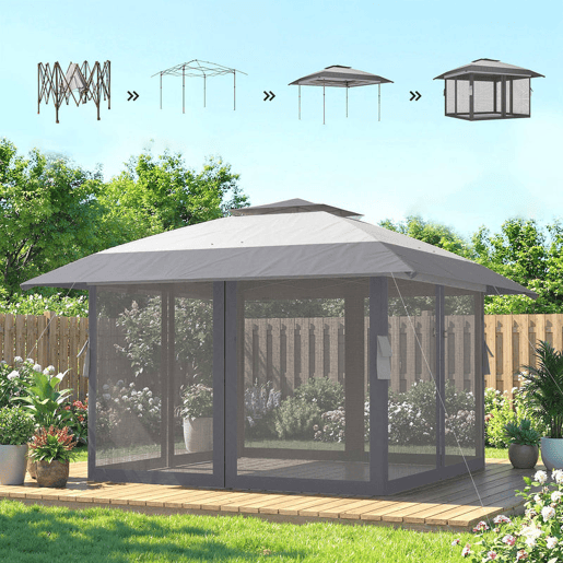 Outsunny Tenda Dobrável 4x4 m, Pop-up, com Duplo Teto, 4 Paredes Laterais de Rede, Pavilhão de Jardim com Altura Ajustável em 3 Níveis, Bolsa de Transporte, UPF30+, Tenda para Campismo, Festas, Cinzento