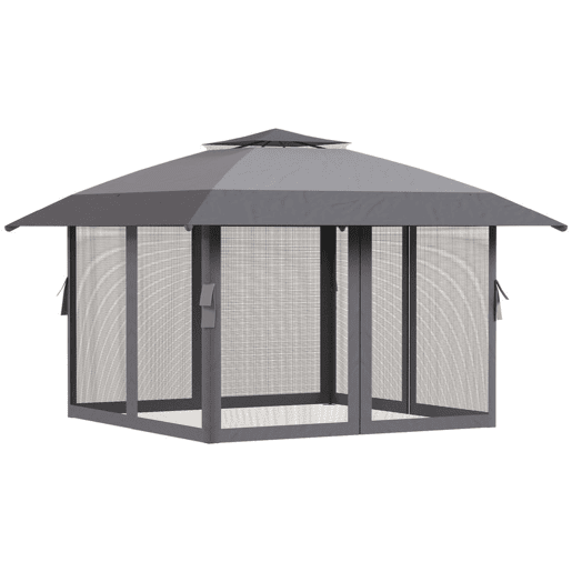Outsunny Tenda Dobrável 4x4 m, Pop-up, com Duplo Teto, 4 Paredes Laterais de Rede, Pavilhão de Jardim com Altura Ajustável em 3 Níveis, Bolsa de Transporte, UPF30+, Tenda para Campismo, Festas, Cinzento