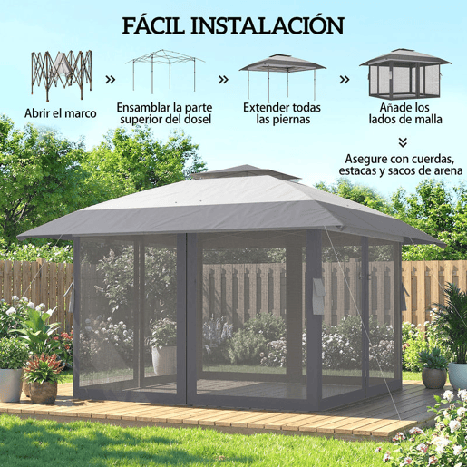 Outsunny Tenda Dobrável 4x4 m, Pop-up, com Duplo Teto, 4 Paredes Laterais de Rede, Pavilhão de Jardim com Altura Ajustável em 3 Níveis, Bolsa de Transporte, UPF30+, Tenda para Campismo, Festas, Cinzento