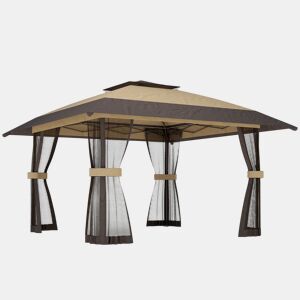 Outsunny Tenda Dobrável 4x4 m, Pop-up, com Telhado Duplo, 4 Paredes Laterais em Rede, Pérgula de Jardim com Altura Regulável em 3 Níveis, Bolsa de Transporte, UPF30+, Tenda para Camping, Festas, Caqui