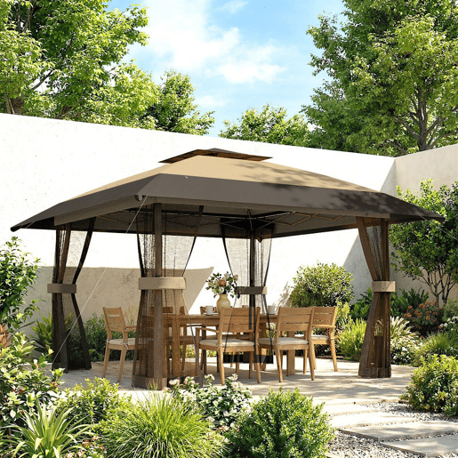 Outsunny Tenda Dobrável 4x4 m, Pop-up, com Telhado Duplo, 4 Paredes Laterais em Rede, Pérgula de Jardim com Altura Regulável em 3 Níveis, Bolsa de Transporte, UPF30+, Tenda para Camping, Festas, Caqui