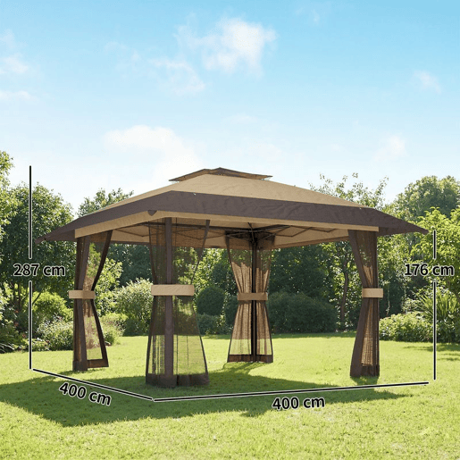 Outsunny Tenda Dobrável 4x4 m, Pop-up, com Telhado Duplo, 4 Paredes Laterais em Rede, Pérgula de Jardim com Altura Regulável em 3 Níveis, Bolsa de Transporte, UPF30+, Tenda para Camping, Festas, Caqui