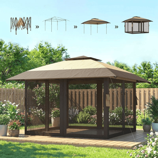 Outsunny Tenda Dobrável 4x4 m, Pop-up, com Telhado Duplo, 4 Paredes Laterais em Rede, Pérgula de Jardim com Altura Regulável em 3 Níveis, Bolsa de Transporte, UPF30+, Tenda para Camping, Festas, Caqui