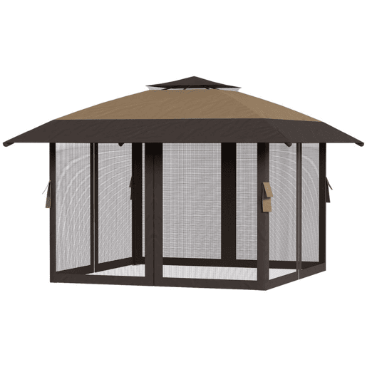 Outsunny Tenda Dobrável 4x4 m, Pop-up, com Telhado Duplo, 4 Paredes Laterais em Rede, Pérgula de Jardim com Altura Regulável em 3 Níveis, Bolsa de Transporte, UPF30+, Tenda para Camping, Festas, Caqui