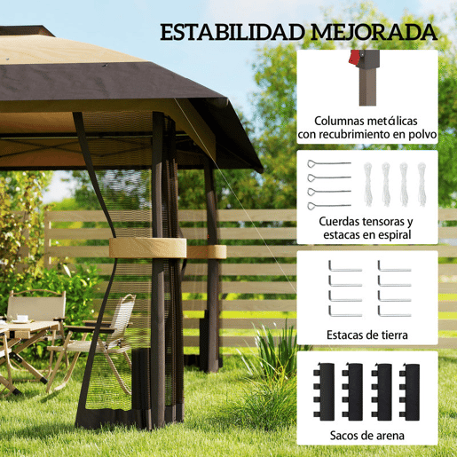 Outsunny Tenda Dobrável 4x4 m, Pop-up, com Telhado Duplo, 4 Paredes Laterais em Rede, Pérgula de Jardim com Altura Regulável em 3 Níveis, Bolsa de Transporte, UPF30+, Tenda para Camping, Festas, Caqui