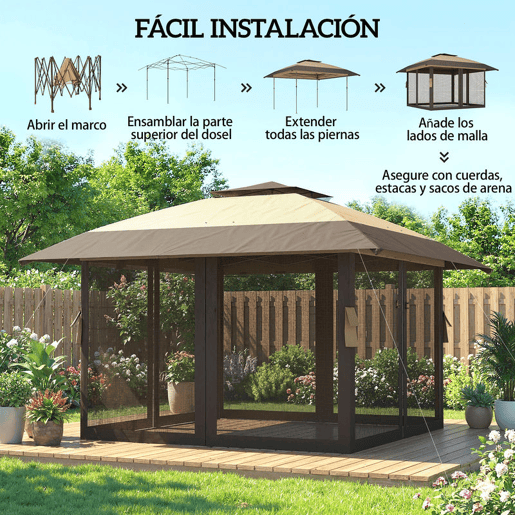 Outsunny Tenda Dobrável 4x4 m, Pop-up, com Telhado Duplo, 4 Paredes Laterais em Rede, Pérgula de Jardim com Altura Regulável em 3 Níveis, Bolsa de Transporte, UPF30+, Tenda para Camping, Festas, Caqui