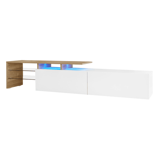 Móvel de TV moderno170 cm - design elegante, arrumação prática, branco brilhante, imitação de madeira, prateleiras de vidro, iluminação LED - branco + natural Móvel de TV moderno170 cm - design elegante, arrumação prática, branco brilhante, imitação de madeira, prateleiras de vidro, iluminação LED - branco + natural