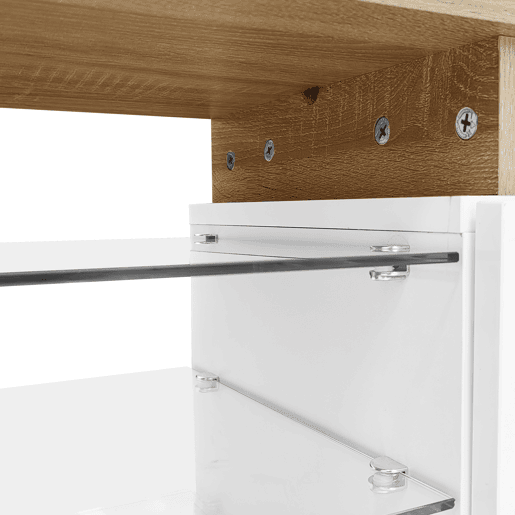 Móvel de TV moderno170 cm - design elegante, arrumação prática, branco brilhante, imitação de madeira, prateleiras de vidro, iluminação LED - branco + natural Móvel de TV moderno170 cm - design elegante, arrumação prática, branco brilhante, imitação de madeira, prateleiras de vidro, iluminação LED - branco + natural