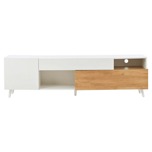 Móvel de TV 180x38x50 cm - Lowboard com 1 porta e 1 gaveta - 7 compartimentos - Branco + Natural