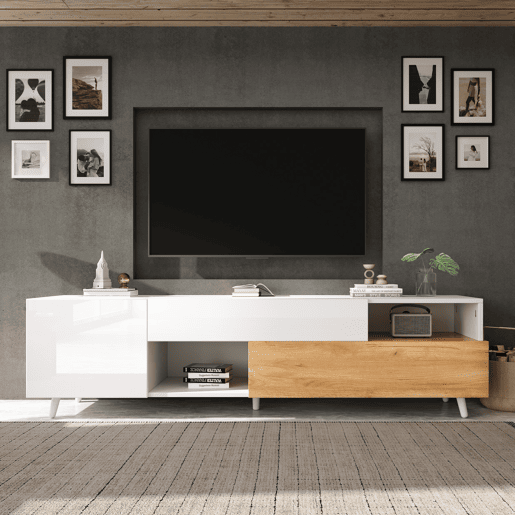 Móvel de TV 180x38x50 cm - Lowboard com 1 porta e 1 gaveta - 7 compartimentos - Branco + Natural