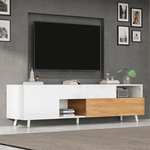 Móvel de TV 180x38x50 cm - Lowboard com 1 porta e 1 gaveta - 7 compartimentos - Branco + Natural