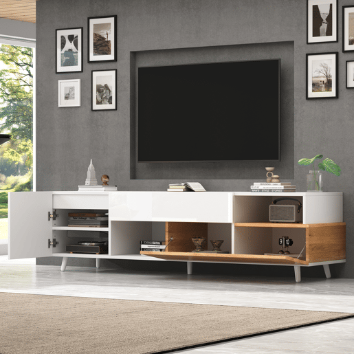 Móvel de TV 180x38x50 cm - Lowboard com 1 porta e 1 gaveta - 7 compartimentos - Branco + Natural