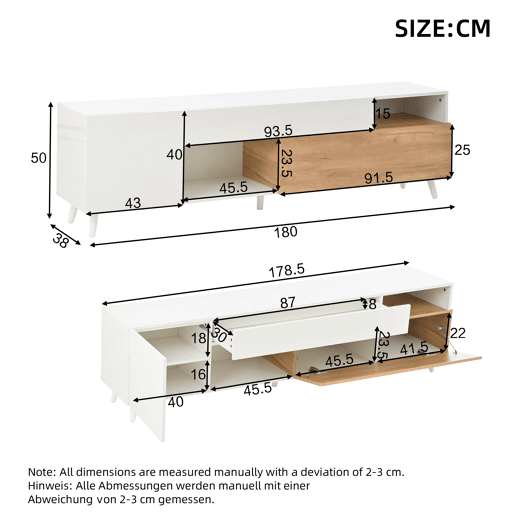 Móvel de TV 180x38x50 cm - Lowboard com 1 porta e 1 gaveta - 7 compartimentos - Branco + Natural